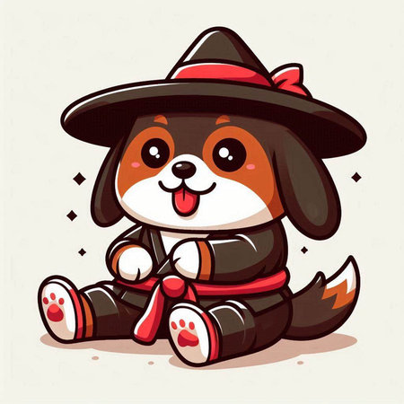 Vector illustration of Cute cartoon dog in hat and scarf sitting.のイラスト素材