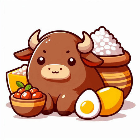 Illustration of a Cute Bull Mascot Character with Eggsのイラスト素材