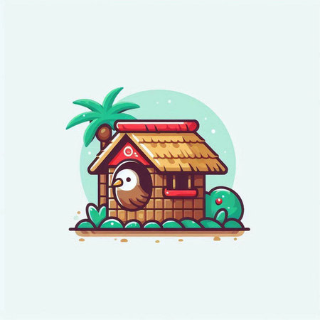 Cute bird house with coconut tree and palm tree. Vector illustration.のイラスト素材