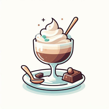 Coffee cup with whipped cream, chocolate and spoon. Vector illustration.のイラスト素材