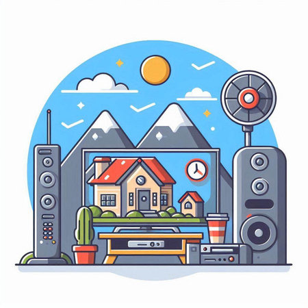Home entertainment concept. Vector illustration in flat design style. Home, cinema, radio, home stereo, remote control, tv, cup of coffeeのイラスト素材