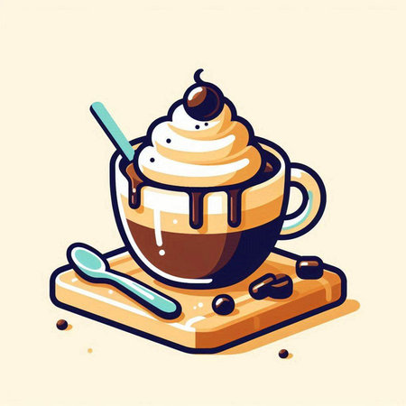 Coffee cup with whipped cream and a spoon. Vector illustration.のイラスト素材