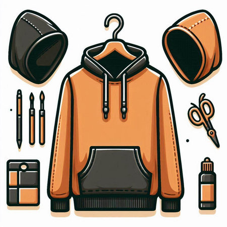 Vector illustration of a brown jacket with a hood and accessories on a white backgroundのイラスト素材