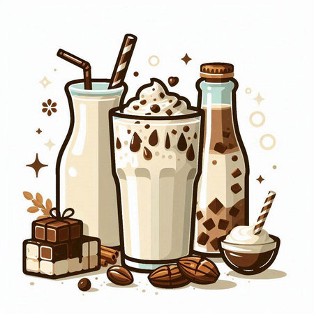 Illustration of a set of milkshakes with chocolate and caramelのイラスト素材