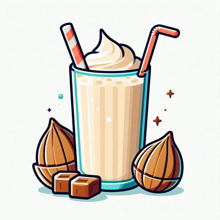 Milkshake with whipped cream and nuts. Hand drawn vector illustration.のイラスト素材