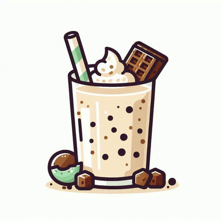 Chocolate milkshake with whipped cream and chocolate chips. Hand drawn vector illustration.のイラスト素材