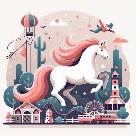Vector illustration of fairytale fairytale town with white horse.のイラスト素材