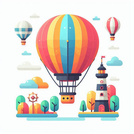 Colorful hot air balloon flying in the sky. Vector illustration.のイラスト素材