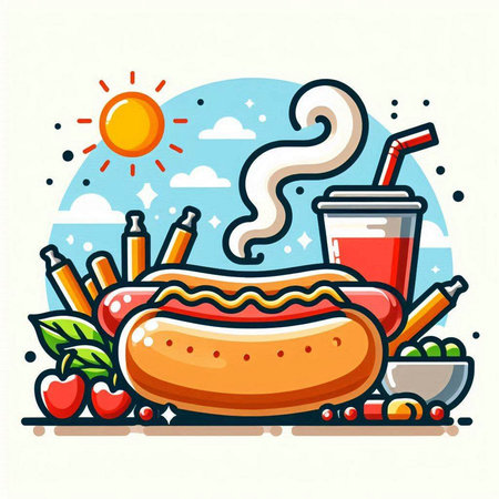 Fast food. Hot dog, juice, vegetables, fruits. Vector illustrationのイラスト素材