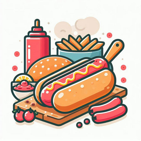 Hot dog with french fries and ketchup. Fast food vector illustration.のイラスト素材