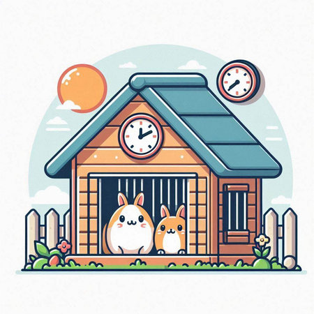 Cute cartoon hamsters in a wooden house. Vector illustration.のイラスト素材
