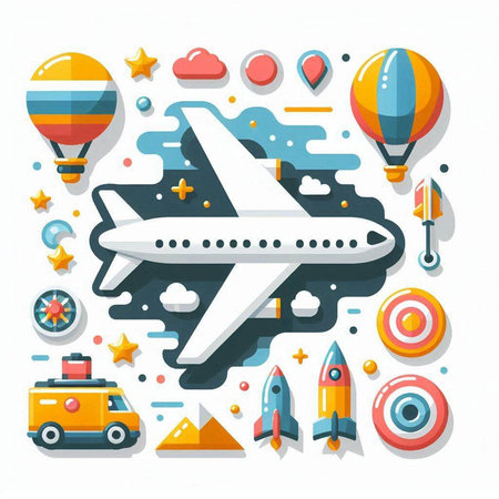 Airplane, rocket, ship and other elements. Vector illustration in flat styleのイラスト素材