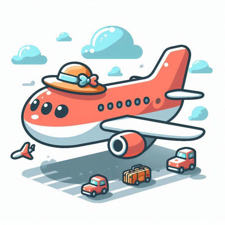 Vector illustration of cute cartoon airplane flying in the sky with clouds.のイラスト素材