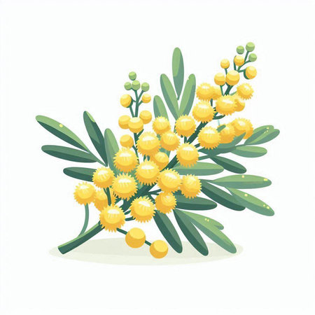 Mimosa branch with yellow flowers isolated on white background. Vector illustration.のイラスト素材
