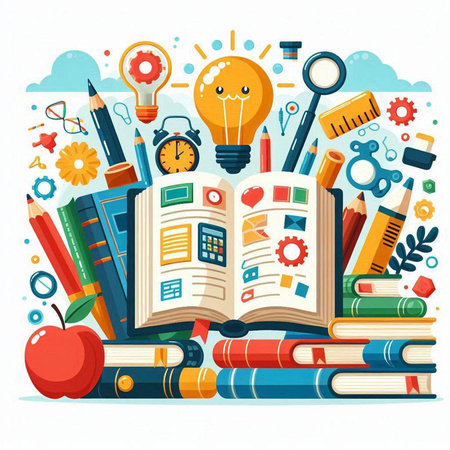 Back to school concept with books and supplies. Vector illustration in flat styleのイラスト素材