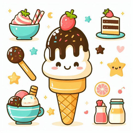 Cute cartoon ice cream character with different food, vector illustration.のイラスト素材