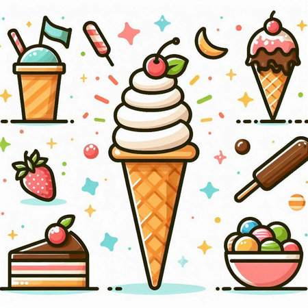 Ice cream and sweet dessert icons set. Vector illustration of ice cream in waffle cone with cupcake, strawberry, cherry, chocolate, ice cream.のイラスト素材