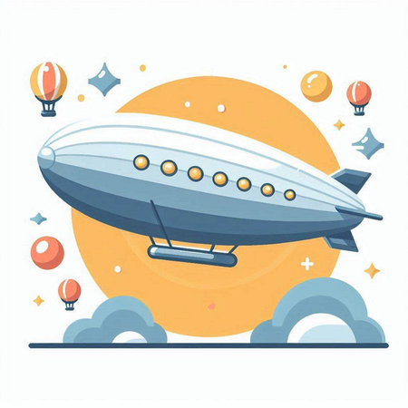 Airship flying in the sky with balloons. Vector flat illustration.のイラスト素材