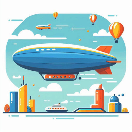 Airship flying in the sky. Colorful flat vector illustration.のイラスト素材