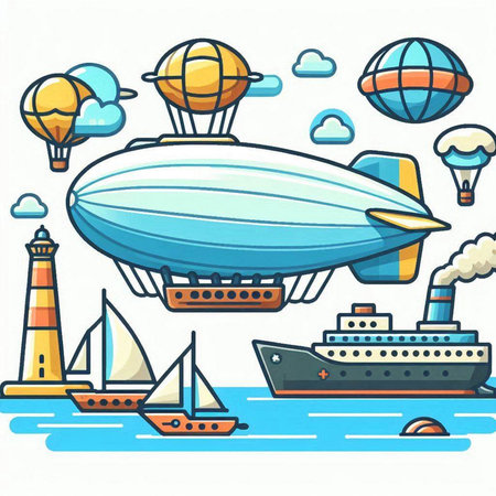 Airship and yachts on the sea. Vector illustration.のイラスト素材