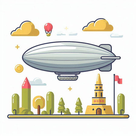Vector illustration of airship in flat style on white background. Vector illustration.のイラスト素材