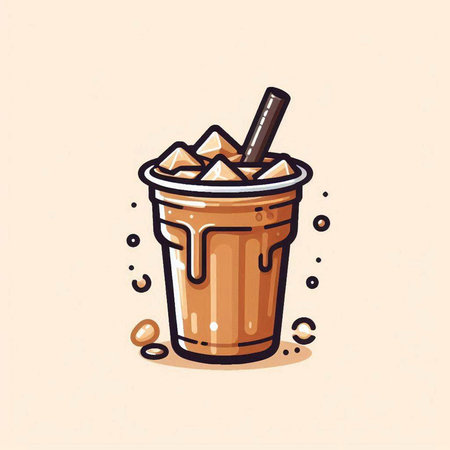 Iced coffee in disposable cup with straw. Hand drawn vector illustration.のイラスト素材