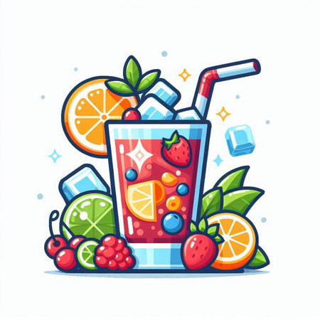 Fruit cocktail with berries, orange, grapefruit, lemon, lime, mint, ice. Vector illustration.のイラスト素材