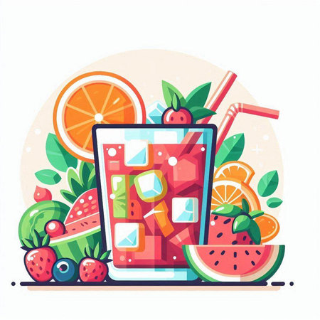 Fruit cocktail with ice cubes, watermelon, orange, cherry, strawberry, lemon and mint. Vector illustration.のイラスト素材