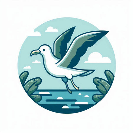 Seagull on the seashore. Vector illustration in flat style.のイラスト素材