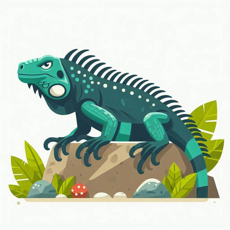 Green iguana on the rock. Vector illustration in flat style.のイラスト素材