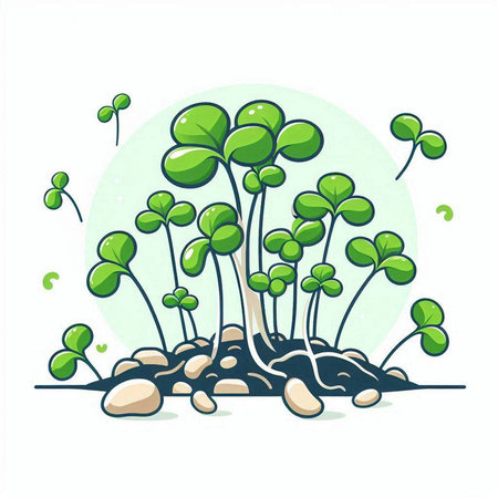 Illustration of young green sprouts growing from soil. Vector illustration.のイラスト素材
