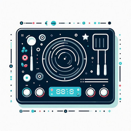 Vector illustration of DJ turntable on white background. Line art design for web, site, advertising, banner, poster, board and print.のイラスト素材
