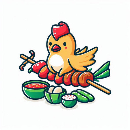 chicken on skewers with sauce and vegetables, vector illustration.のイラスト素材