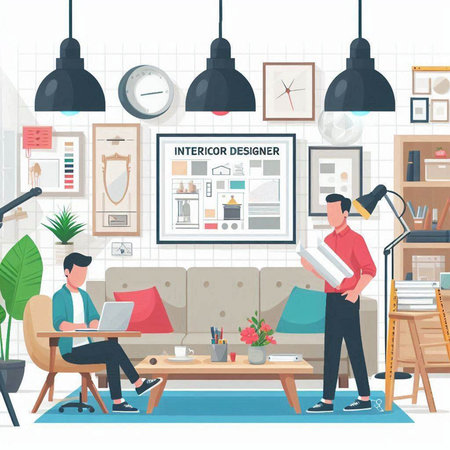 Interior of living room with furniture, sofa and man working on laptop. Flat vector illustration.のイラスト素材