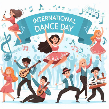 International Day of Dance poster with dancing people and musical instruments. Vector illustration.のイラスト素材
