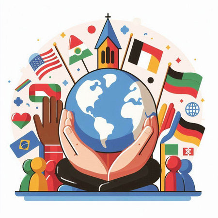 Vector illustration of human hands holding a globe with different flags around.のイラスト素材