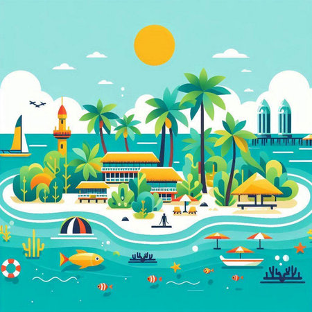 Tropical beach with palm trees, bungalows, sun and ship. Vector illustrationのイラスト素材