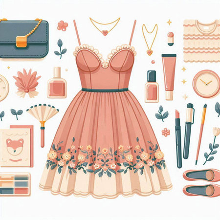 Vector set of women's clothing and accessories. Illustration of a woman's dress.のイラスト素材