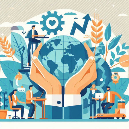 Global business concept vector illustration. Flat tiny people characters working together on Earth globe.のイラスト素材