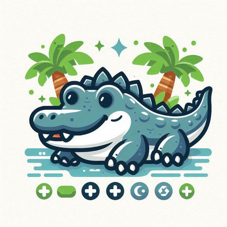 Cute crocodile and palm trees. Vector illustration in flat style.のイラスト素材