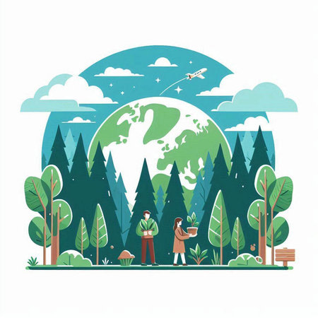 Vector illustration of people on the background of the planet Earth and treesのイラスト素材