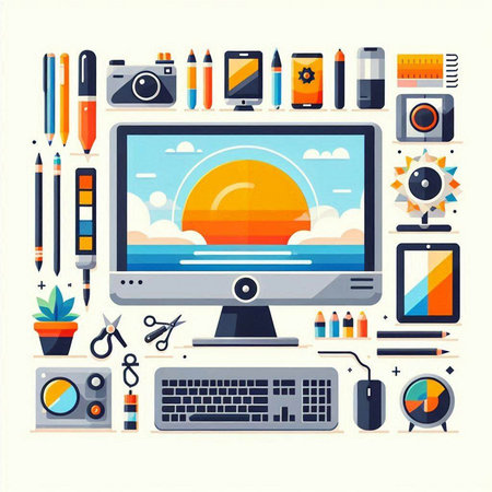 Flat design modern vector illustration concept of creative workspace. Desktop computer with creative tools.のイラスト素材