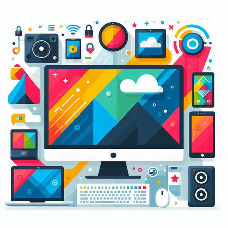 Flat design modern vector illustration concept of cloud computing. Desktop computer, tablet pc, mobile phone, mouse, keyboard, smartphone, speaker, padlock, cloud computingのイラスト素材