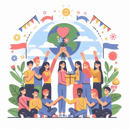 Group of happy young people holding hands and giving gift box to each other. Flat vector illustration.のイラスト素材