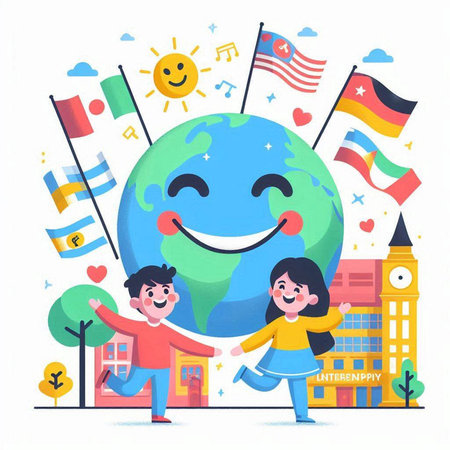 Happy kids with world globe and flags. Vector illustration in flat styleのイラスト素材