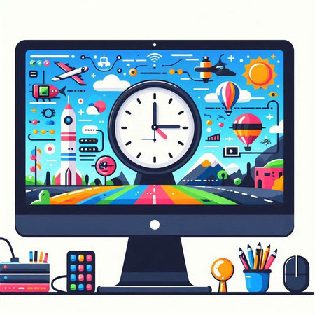 Vector illustration of modern computer monitor with time icons. Time management concept.のイラスト素材