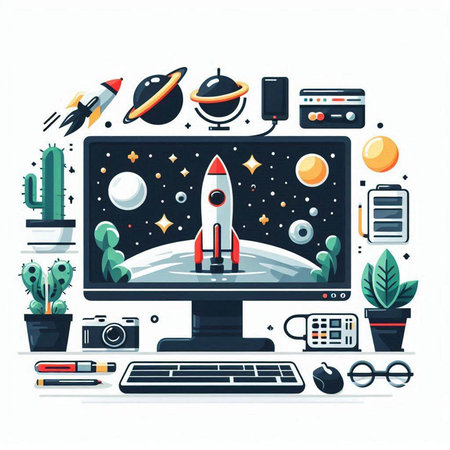 Flat design modern vector illustration concept of space, universe, planets, rocket, spaceship, ufo, satellite.のイラスト素材