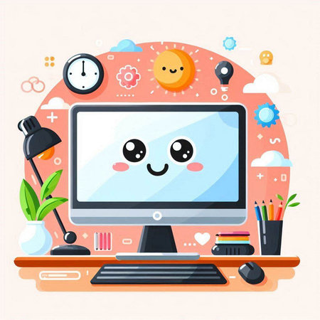 Computer screen with kawaii face, flat design vector illustration.のイラスト素材