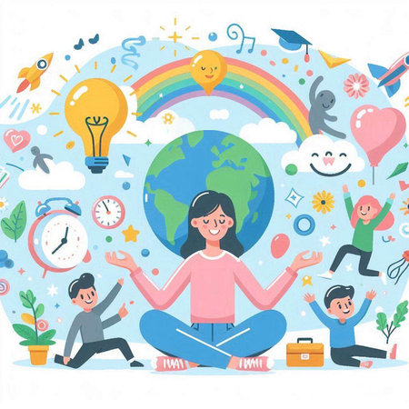 Vector illustration of happy family meditating in the lotus position with globe, lightbulb, clouds and other elementsのイラスト素材