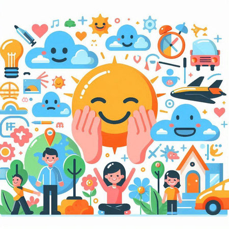 Vector illustration of happy sun with people in the background. Flat style design.のイラスト素材